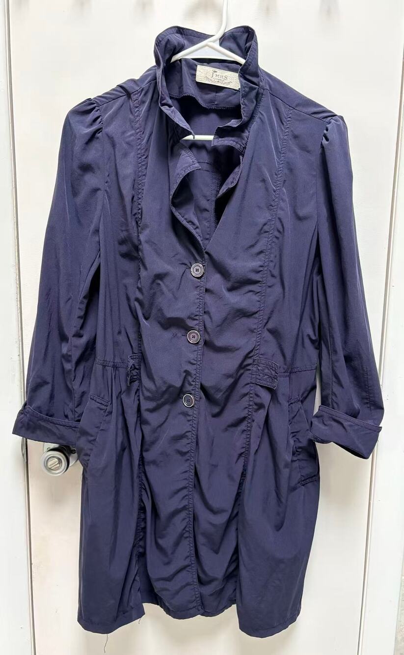 JMHS Navy Blue Ruffle Neck Bubble Hem Trench Coat Dress Jacket Medium Coquette M
